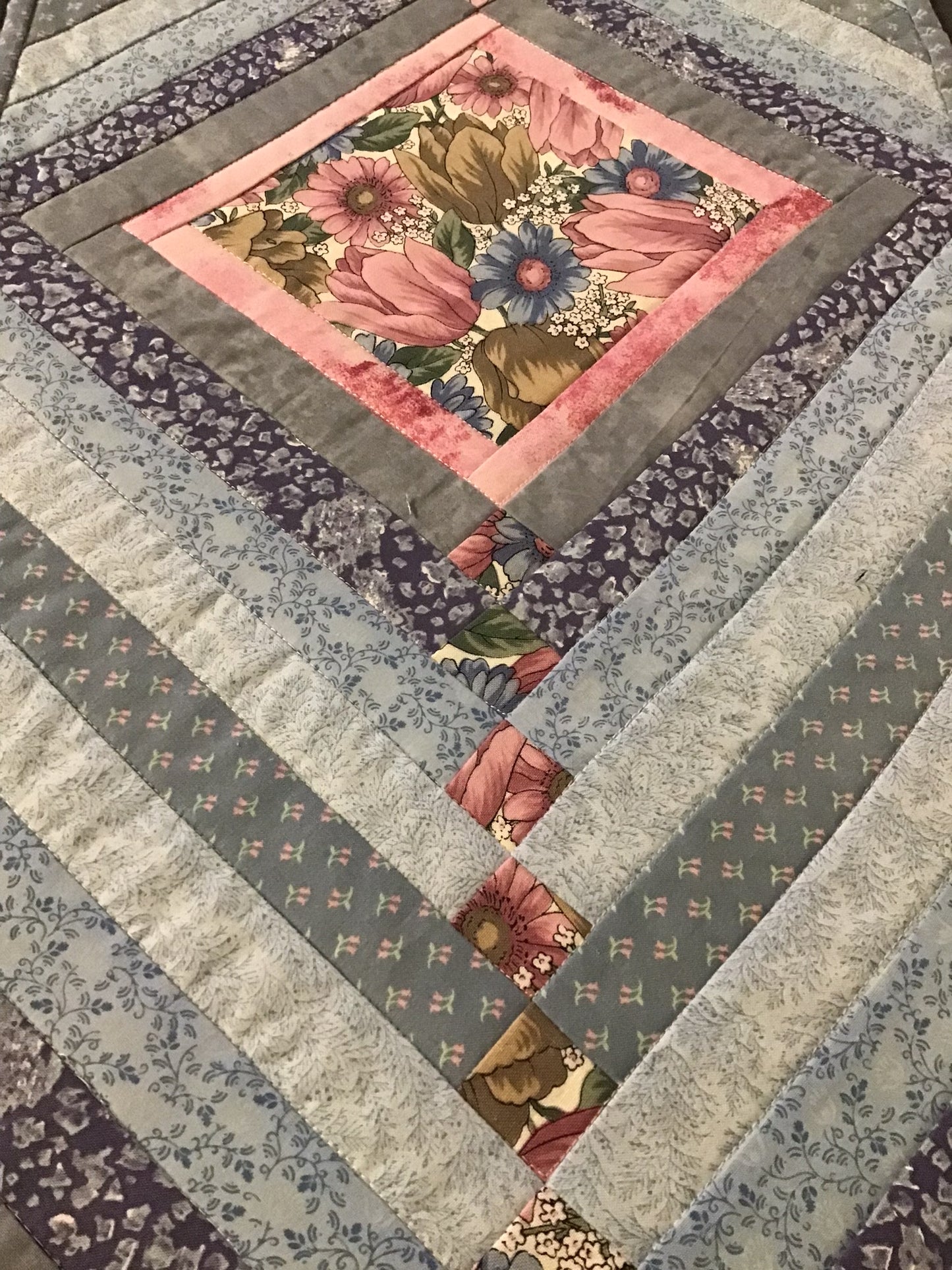 Quilted Table Runner - Blues & Pink Accent