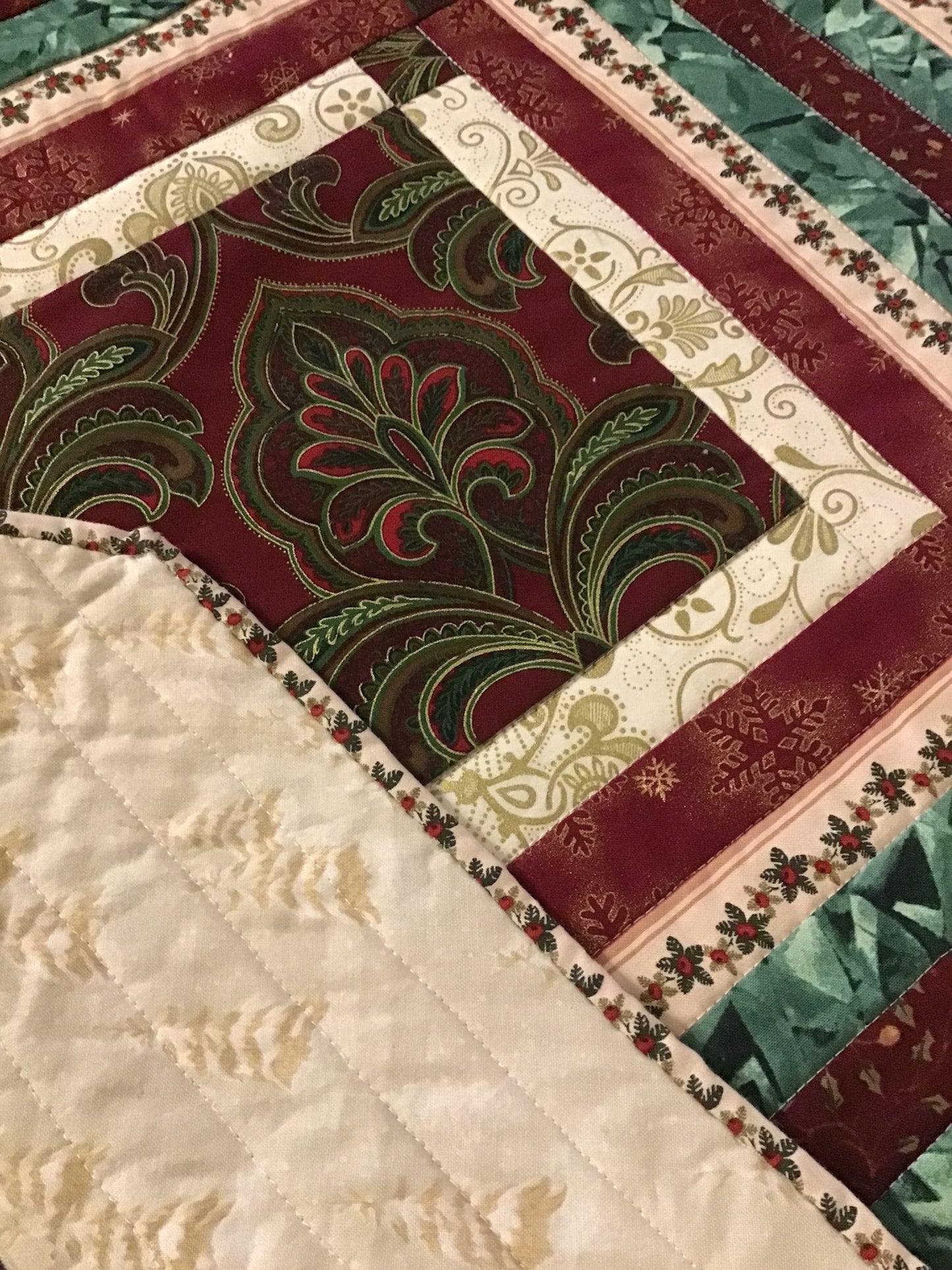 Quilted Table Runner - Christmas Red & Green -Cream Back