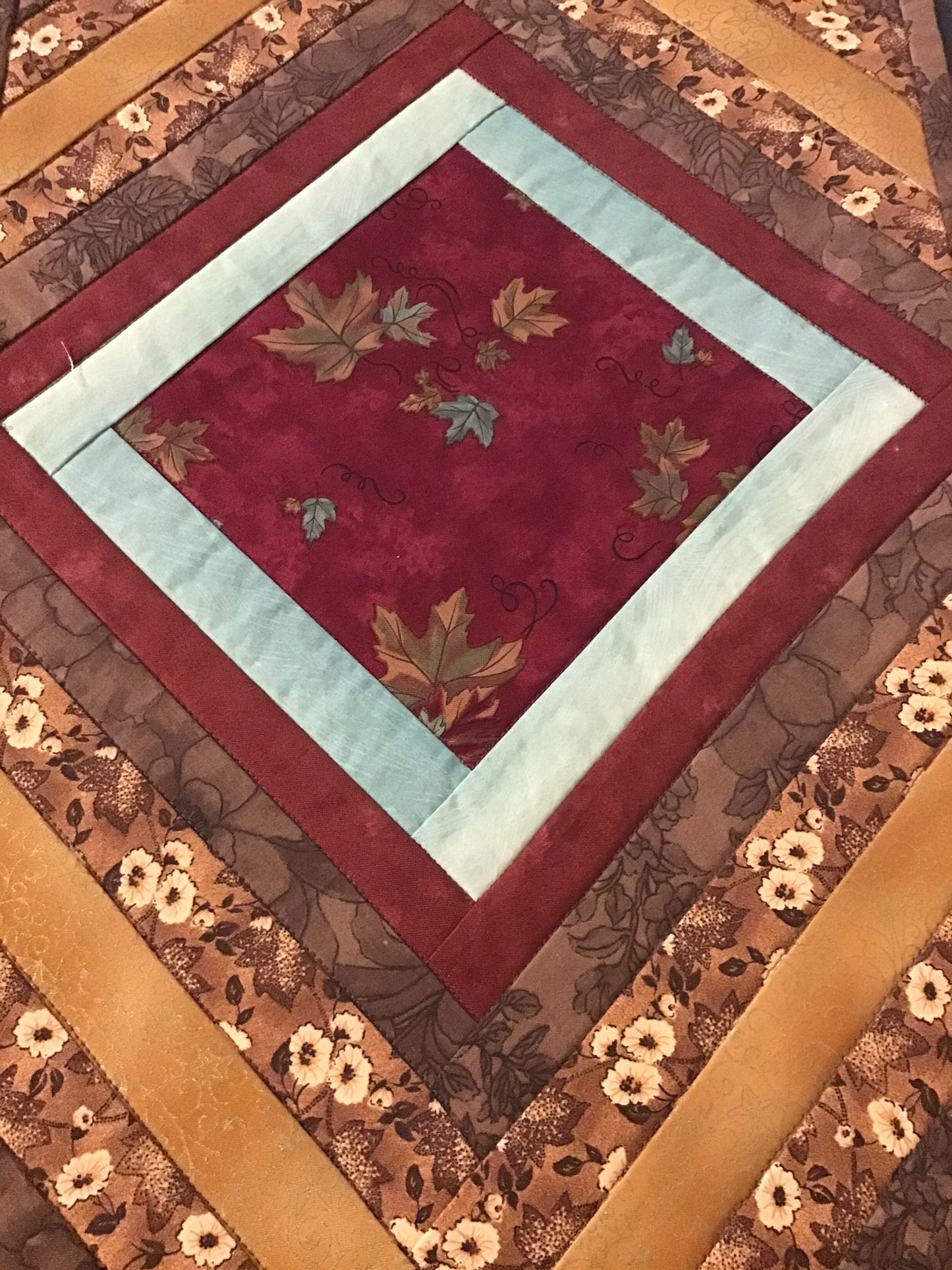 Quilted Table Runner 28 - Turquoise, Burgundy & Gold