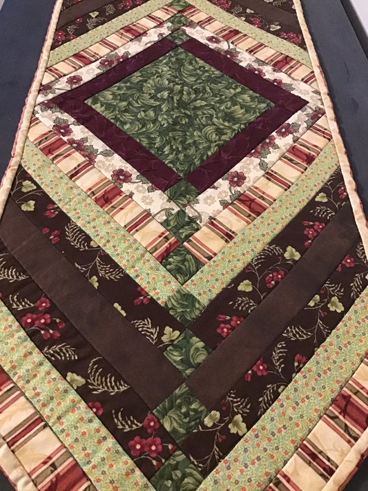 Quilted Table Runner 12 - Browns, Greens & Wine Accents