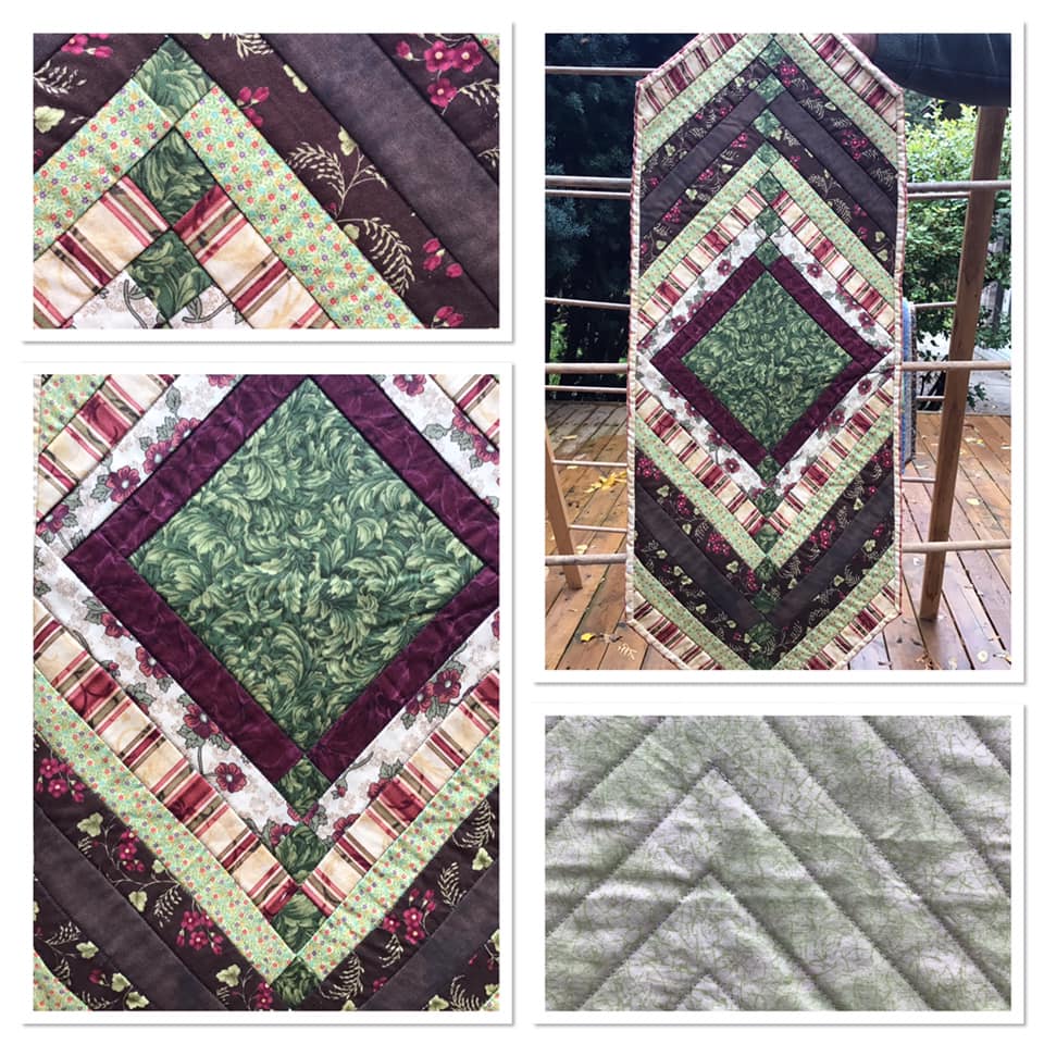 Quilted Table Runner 12 - Browns, Greens & Wine Accents